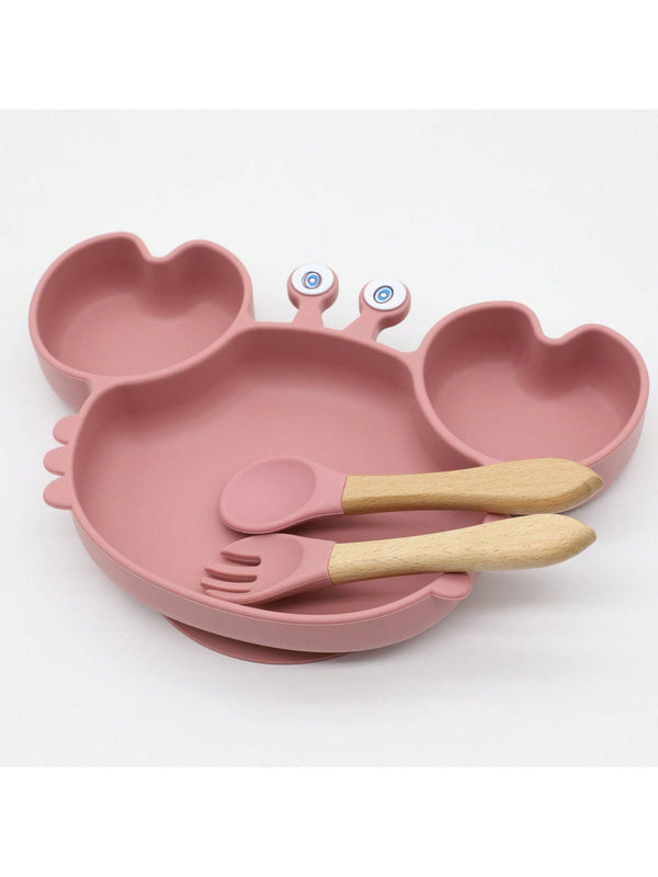 Set pjate silikoni për foshnja me model gaforre, me lugë dhe pirun druri – Dizajn kundër rënies