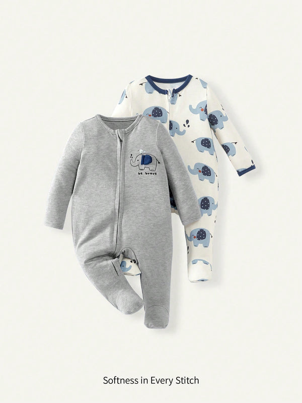 Set Tuta me Mëngë të Gjatë për Djalë të Porsalindur me Print Elefanti – Komfort Maksimal për Foshnjën