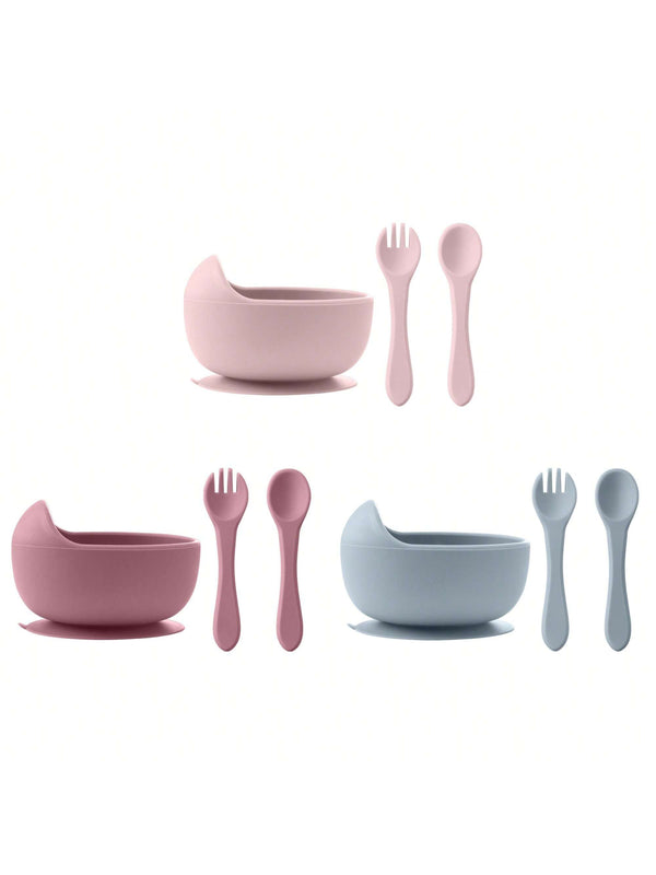 Set Tavoline për Foshnja me 3 Copë nga Silikoni me Emër të Personalizuar – Tas me Thithëse, Lugë dhe Pirun të Butë për Mësim dhe Ushqyerje