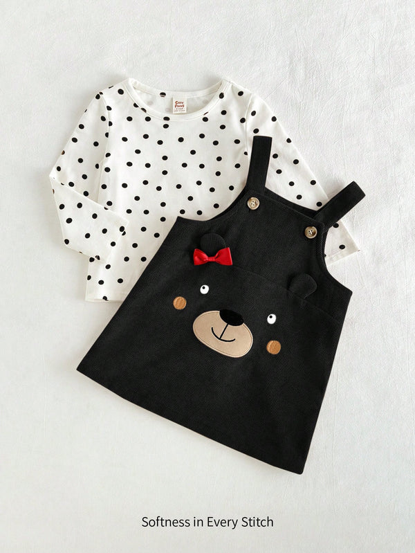 Set vajzash 2-pjesësh me bluzë me pika dhe fustan kadife me arush – veshje perfekte për stil dhe ngrohtësi në ditët e freskëta!