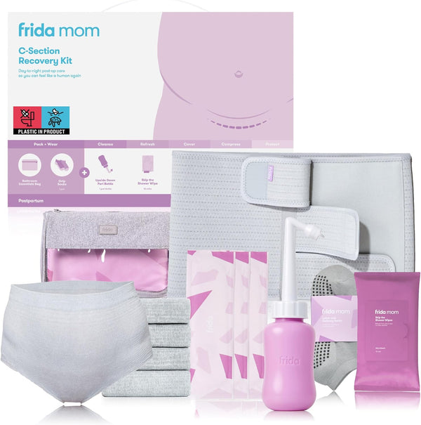 Kit i Postpartum “Frida Mom” për Rikuperim Pas C-Sektionit – Përfshin Shirit për Bark, Artikujt Thelbësorë të Rikuperimit, Çorape, Tanga Disposable, Shishe Peri, Pëlhura Pastruese dhe Plastra për Shenjat